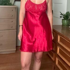 Red vintage satin slip dress with lace trim